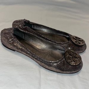 Tory Burch Gold/Silver Glitter Minnie Travel Ballet Flats size 8